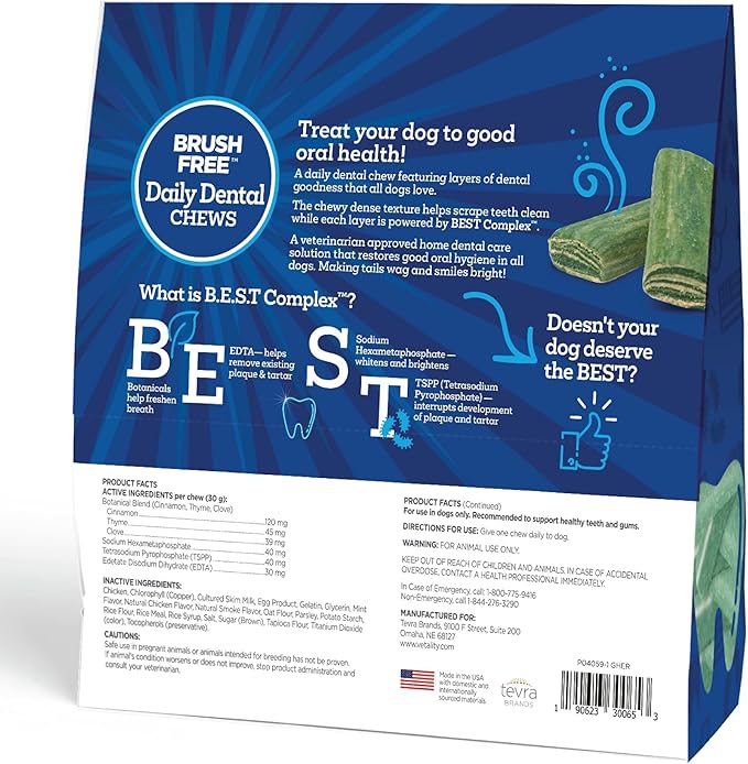 Vetality Brush Free Daily Dental Care Chews for Dogs | Cleans Teeth and Freshens Breath | 30 Count | B.E.S.T. Complex Provides Complete Oral Cleaning and Tartar Control