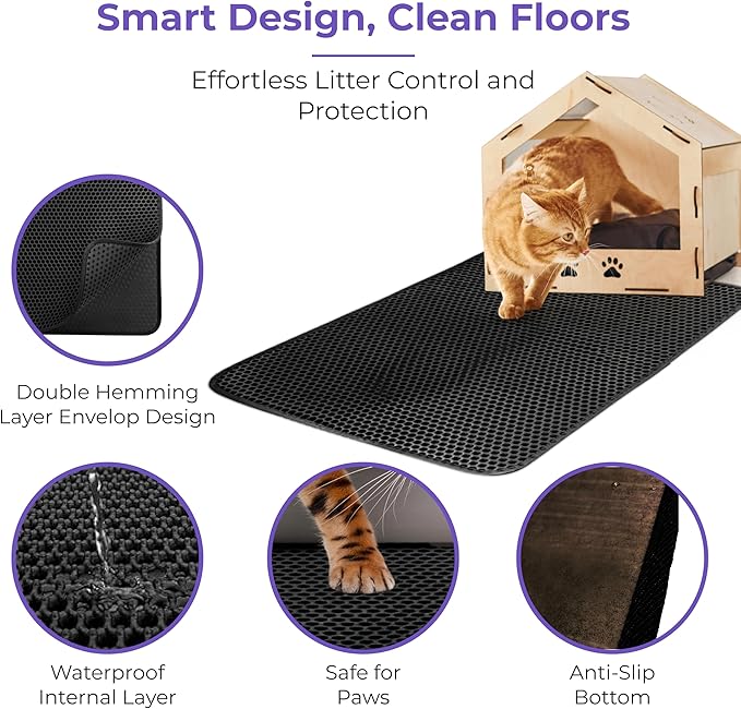 iPrimio Large Cat Litter Trapper Mat with Exclusive Urine/Waterproof Layer - Cat Litter Mat - Larger Holes with Urine Puppy Pad Option for Messy Cats - Soft on Paws and Light - 30" x 23" (Black) - 2pk