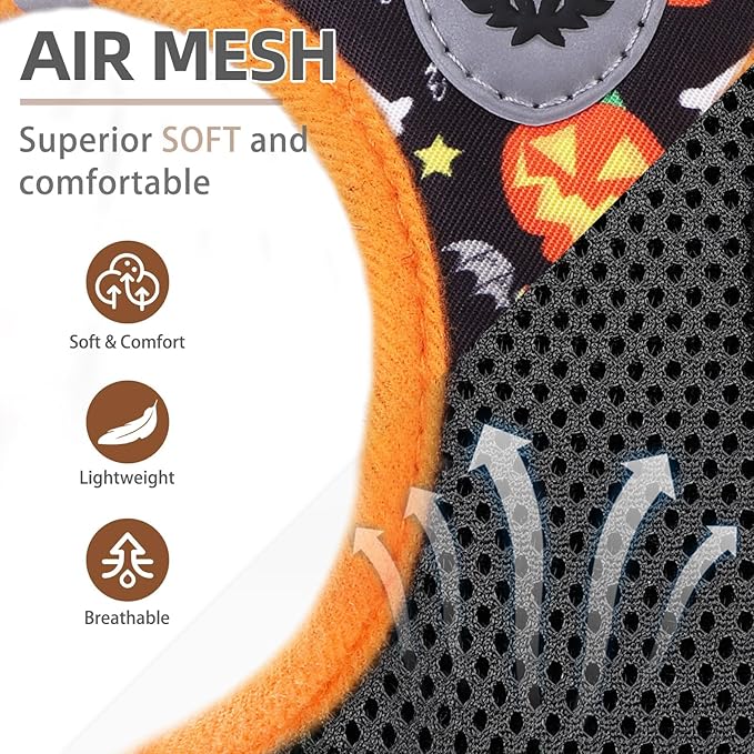 PUPTECK Adjustable Dog Harness Collar and Leash Set Step in No Pull Pet Harness for Small Medium Dogs Puppy and Cats Outdoor Walking Running, Soft Mesh Padded Reflective Vest Harnesses, Halloween, L