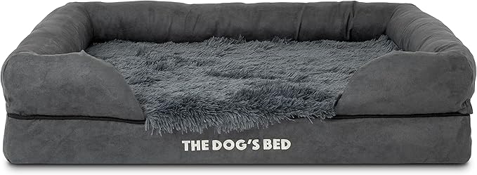 The Dog’s Bed, Large Grey Fur, Memory Foam, Pain Relief: Arthritis, Hip & Elbow Dysplasia, Post Surgery, Lameness, Supportive, Calming, Waterproof Washable Cover