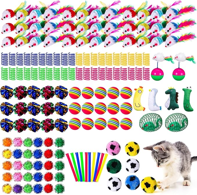 Shappy 150 Pcs Cat Toys Bulk Kitten Toys Pack Variety Funny Interactive Gift Including Mice Rainbow Balls Spring Crinkle Balls for Indoor Cat Kitty Kitten(Novel)