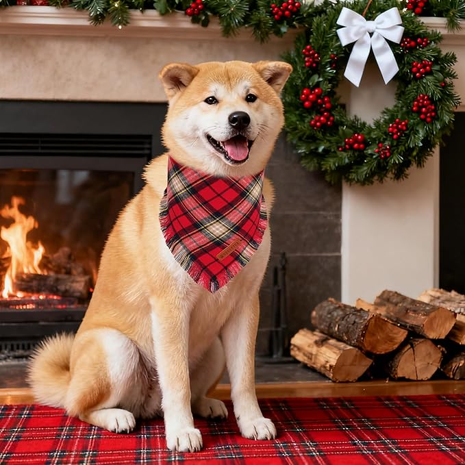 ADOGGYGO Christmas Dog Bandanas with Tassels Edges, Stylish Plaid Xmas Scarf Bib, Red Green Plaid Christmas Bandanas for Medium Large Dogs (Large)