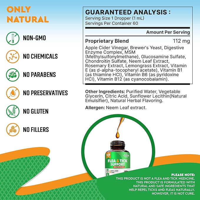 Oral Flea & Tick Prevention for Dogs and Cats - Natural Flea Control and Medicine & Treatment for Small and Large Dogs - Multivitamin Drops Supplements for Pets Made in USA