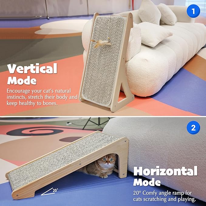 PETKARAY Cat Scratcher, Sisal Scratching Ramp, L Shape Scratch Pad for Indoor Cats, 27" Wall Furniture Protector with Mouse Toy