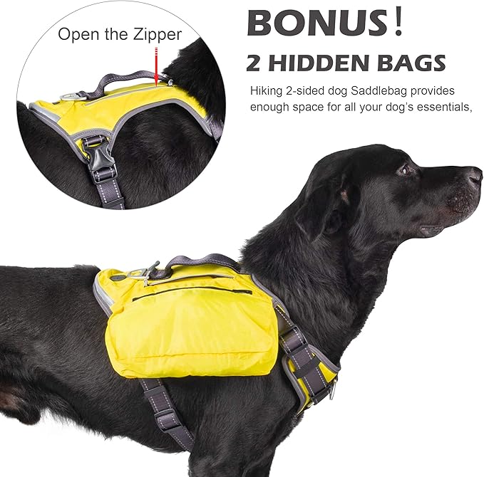 Fida Dog Harness, Multi-Functional No-Pull Pet Vest Harness with Saddle Bags Backpack, Front Leash Clip, Adjustable Soft Padded Reflective No-Choke Dog Vest Heavy Duty for Small Dog, S, Yellow