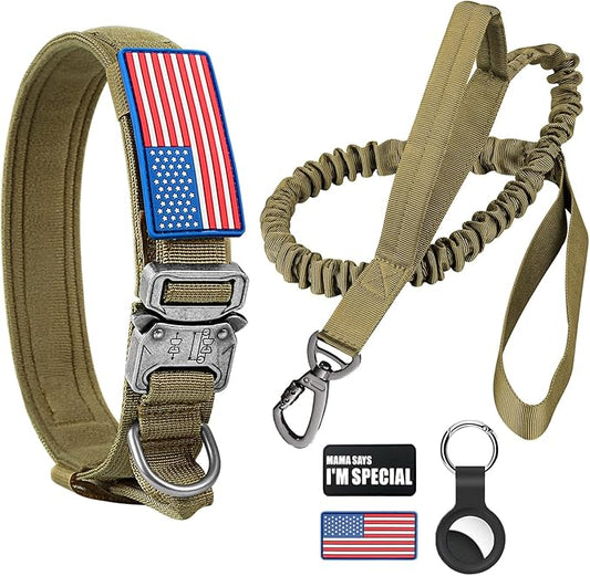 Tactical Dog Collar and Bungee Leash Set, Adjustable Military Training Nylon Dog Collar with Controll Handle and Heavy Metal Buckle，with USA American Flag, Patches and Airtags Case (M, Brown)