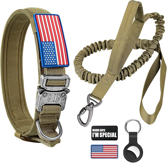 Tactical Dog Collar and Bungee Leash, Camo Military Dog Collar & Leash Set with USA American Flag Adjustable K9 Collar with Heavy Duty Metal Buckle & Handle,with Patches and Airtags Case (L, Brown)