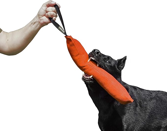 Dingo Gear French Linen tug Toy for Dog, Dog Bumper for Training, Agility, tug of war, Dog bite Pillow for Strong Dog, 1handle 18" Orange S00084
