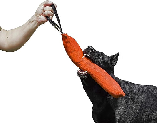 Dingo Gear French Linen tug Toy for Dog, Dog Bumper for Training, Agility, tug of war, Dog bite Pillow for Strong Dog, 1handle 18" Orange S00084