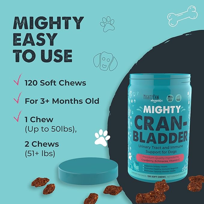Mighty Paw Waggables Cran-Bladder (Made in The USA) | Vet Formulated Cranberry Supplement for Dogs – Cranberry Chews for Dogs, Urinary Tract & Bladder Support, Bacon Flavored, 120 Soft Chews