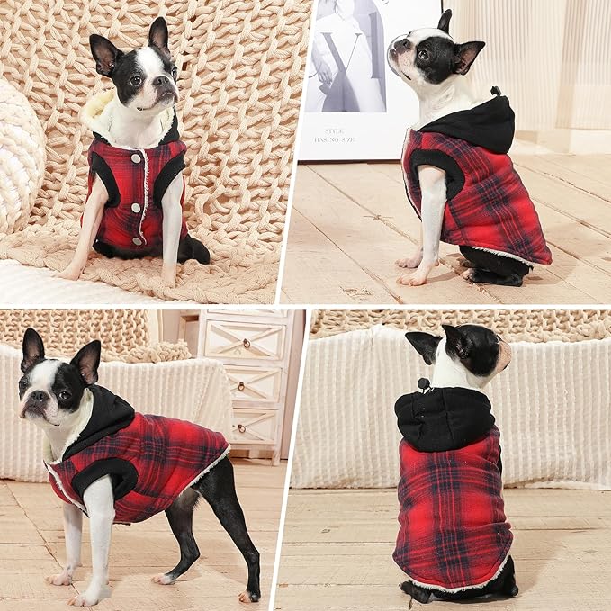 Fleece Lining Dog Hoodie for Large Dogs Extra Warm Plaid Sweater with Drawstring Hooded Coats in Winter Doggie Jacket,Red XXL