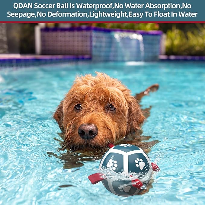 QDAN Dog Toys Soccer Ball with Straps, Outdoor Toys for Tug of War, Puppy Birthday Gifts, Dog Water Toy, Durable Balls for Small Dogs - Blue Red（5 Inch）