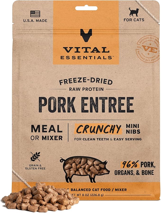 Vital Essentials Freeze-Dried Raw Pork Meal or Mixer Cat Food Crunchy Nibs, 8 oz
