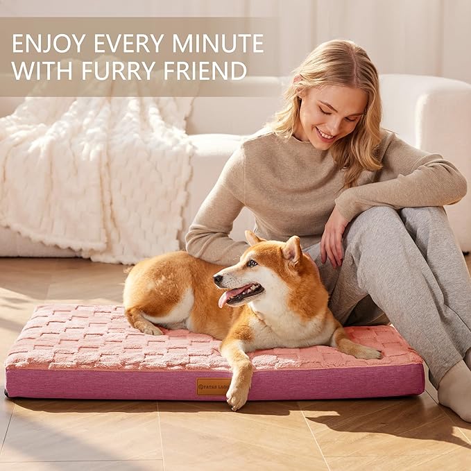 Patas Lague Orthopedic XL Dog Bed Large Sized Dog 48''X30'', Waterproof Soft Comfortable Egg Crate Foam Large Pet Beds Crate Mat with Removable Washable Cover and Nonskid Bottom, Pink