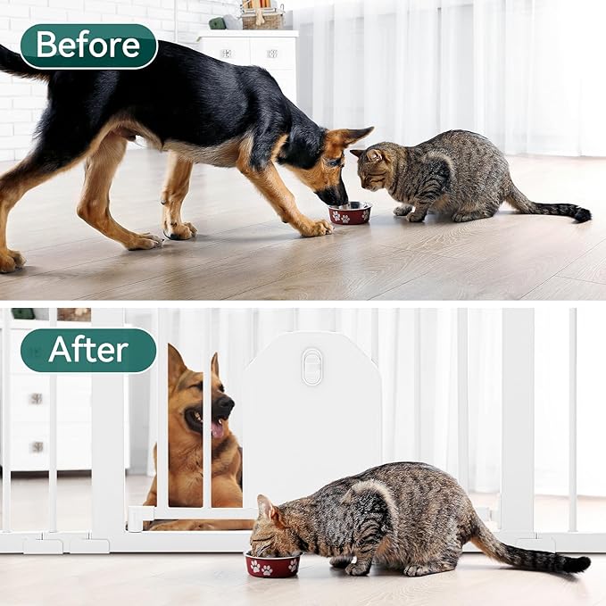 Babelio Auto Close Baby Gate with Cat Door,29-43" Metal Gate for Doorway,Stairs, House,Easy Walk Thru with Pet Door,Includes 4 Wall Cups and 3 Extension Pieces,White