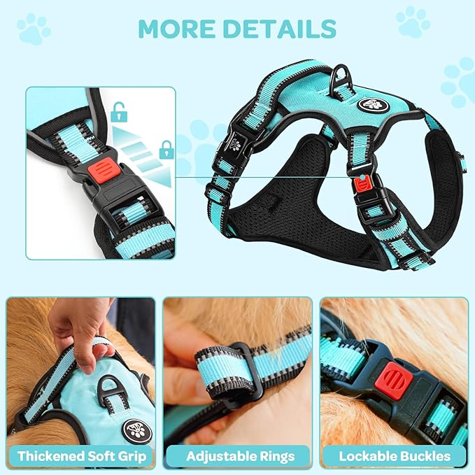 FURRYFECTION Dog Harness | No Pull Dog Harness | Reflective Oxford | Padded Handle | 4 Adjustable Straps | 2 Leash Clips | No Choke Pet Vest Harness for Small Medium Large Dogs | Turquoise | S