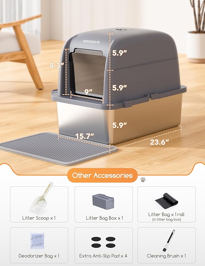 Meowant Stainless Steel Cat Litter Box, Extra Large 3-in-1 Enclosed Open Top Metal Litter Box with Lid, Odorless Cat Litter Pan with High Sides for Big Cats, Non-Sticky, Anti-Leakage, Easy Cleaning