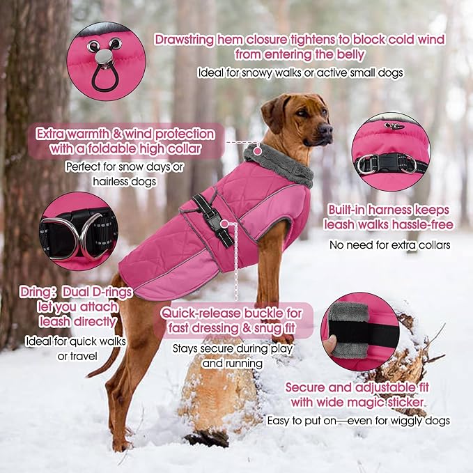 QBLEEV Warm Dog Jacket - Reflective, Adjustable Winter Coat with Turtleneck for Cold Weather, Waterproof Fleece Snowsuit for Small, Medium, Large Dogs