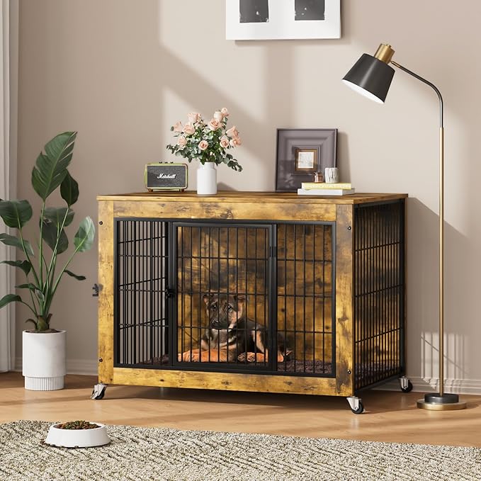 Dog Crate Furniture with Cushion,32" Wooden Dog Crate nightstand with Double Doors, Brown Kennel Indoor with Wheels, Decorative Pet House for Small Medium