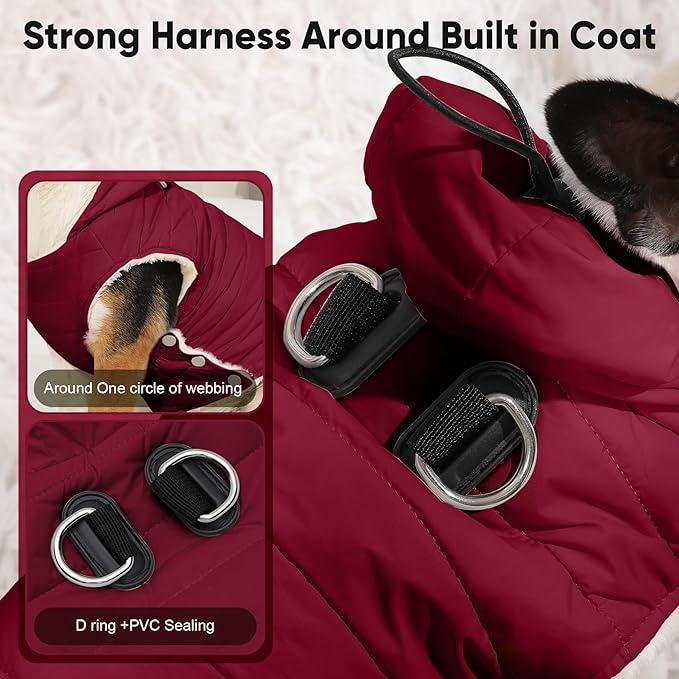 Fleece Lining Dog Hoodie with Harness Built in,Extra Warm Small Dog Jacket in Winter Puppy Coats with Drawstring Hooded,Red XS