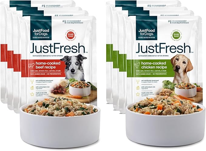 JustFoodForDogs JustFresh Wet Dog Food, Fresh Pet Meals and Toppers with No Preservatives, Resealable Package, Human Grade, Home-Cooked Beef and Chicken Variety, 12 oz - 7 Pack