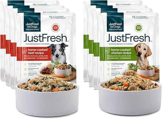JustFoodForDogs JustFresh Wet Dog Food, Fresh Pet Meals and Toppers with No Preservatives, Resealable Package, Human Grade, Home-Cooked Beef and Chicken Variety, 12 oz - 7 Pack