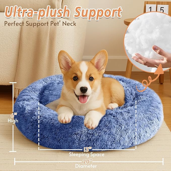 JOLLYVOGUE Calming Dog & Cat Bed for Small Dogs, Anti-Anxiety Donut Cuddler Cozy Soft Round Bed with Anti-Slip Bottom, Fluffy Faux Fur Plush Cushion Beds for Small Medium Pets (20")