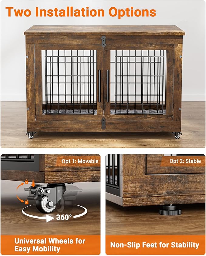 Dog Crate Furniture with Cushion Set of 2, Large Wooden Dog Kennel Indoor with Double Doors, Dog Cage with Wheels, Dog House Side End Table for Large Medium Dogs up to 70 lb, 38.5” L, Rustic Brown