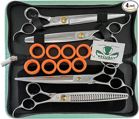 Gold Mantis Grooming Shears, Set with Matte Deluxe 440C Stainless Steel, Professional Grooming Scissors Kit, Any Skill Level(8.0" 4 Piece Set)