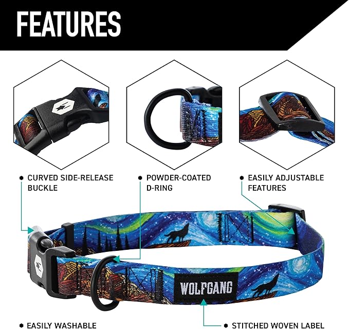 Wolfgang Heavy Duty Martingale Dog Collar with Quick Release Nylon Buckle for Walking & Training, StarryWolf Print