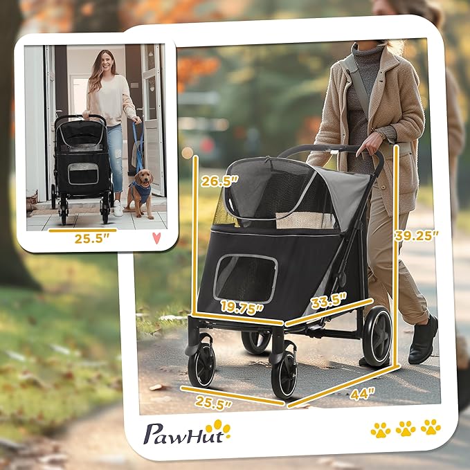 PawHut Dog Stroller for Large Medium Small Dogs up to 66 Lbs. 23.5" in Body Length, One-Click Foldable Pet Cat Stroller with Storage, Shock Absorption Wheels, Mesh Window, Safety Leash, Gray