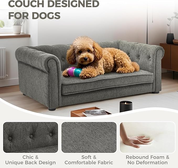 Dog Couch for Medium Dogs Up to 50 lbs, 29" W Memory Foam Dog Sofa Couch with Dry Cleanable Fabric, Elevated Dog Couch Bed with Legs, 39" Outer Edge Length, Furniture for Small and Medium Dogs - Grey