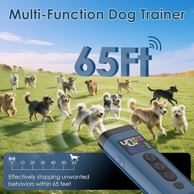 Dog Bark Deterrent Device, 65 FT Range,3X Ultrasonic Bark Deterrent Device & Ultrasonic Dog Trainer - Anti-Barking Device with Color Display, Safe & Effective Alternative to Bark Collars -Blue