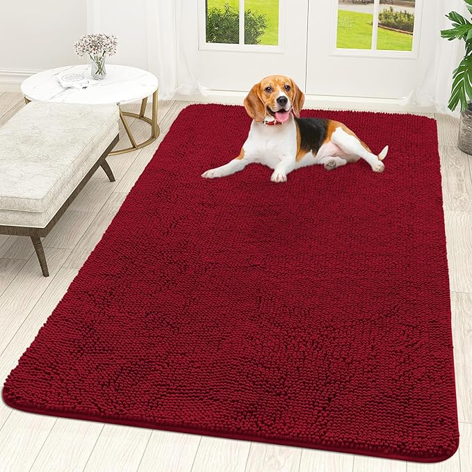 OLANLY Dog Door Mat for Muddy Paws 59x35, Absorbs Moisture and Dirt, Absorbent Non-Slip Washable Doormat, Quick Dry Chenille Mud Mat for Dogs, Entry Indoor Entryway Carpet for Inside Floor, Red