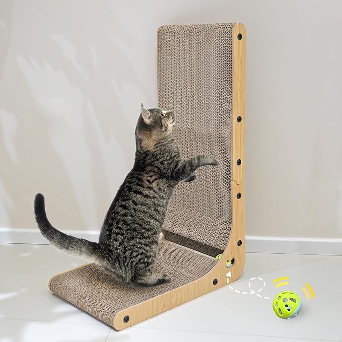 PETKARAY Cat Scratcher, Cat Scratching Board, L Shape Cat Scratch Pad for Indoor Cats, Floor Mounted Scratching Cardboard with Ball Toy