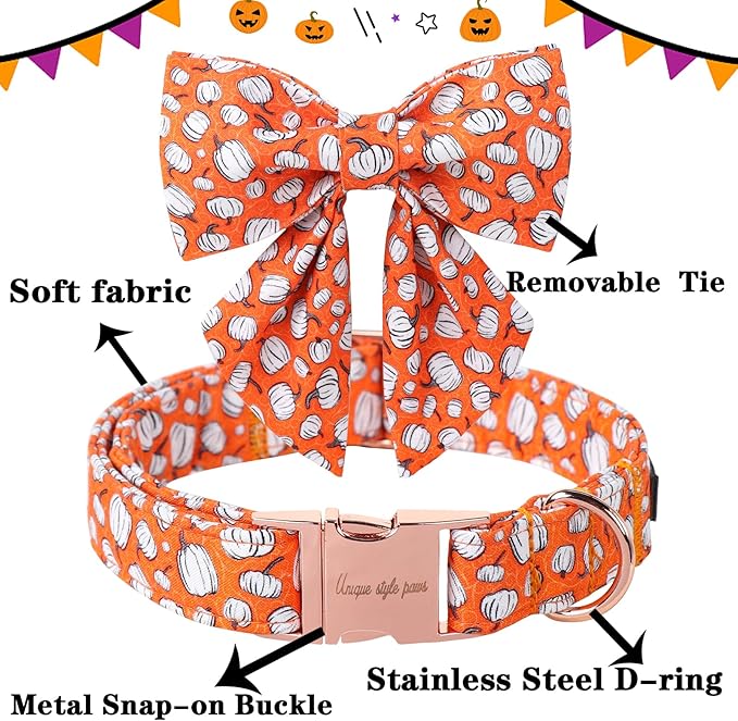 Unique Style Paws Halloween Day Dog Collar with Bowtie Line Pumpkin Cotton Dog Collars for Small Medium Large Dogs