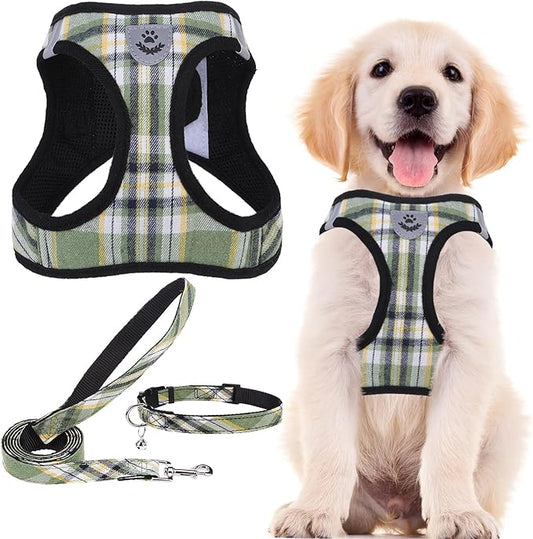 PUPTECK Adjustable Dog Harness Collar and Leash Set Step in No Pull Pet Harness for Small Medium Dogs Puppy and Cats Outdoor Walking Running, Soft Mesh Padded Reflective Vest Harnesses, Grn&YLW, M