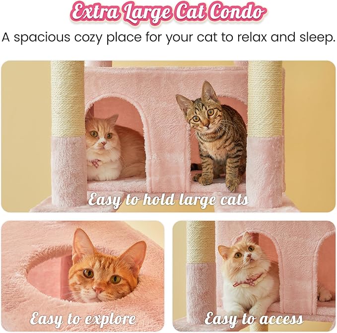 MWPO 74.8 Inches Pink Extra Large Cat Tree, Tall Cat Tower for Indoor Cats with Large Cat Condo, Wide Top Perch, Hammock, Sisal-Covered Scratching Posts, Toys for Kittens & Cats