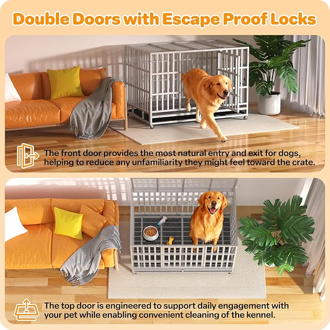 Heavy Duty Indestructible Dog Crate 48 Inch with Removable Tray, Sizes & Colors Optional, Escape Proof Double Door High Anxiety Cage Indoor, Kennel with Wheels for Large Dogs, XL XXL XXL