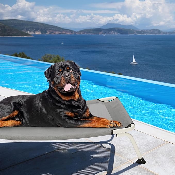 Veehoo Elevated Dog Bed for Outdoor, Cooling Waterproof Raised Dog Cots Beds XL, Curved Off Ground Pet Hammock Cot Lifted for Outside, up to 150lbs, White Legs, Grey 49"