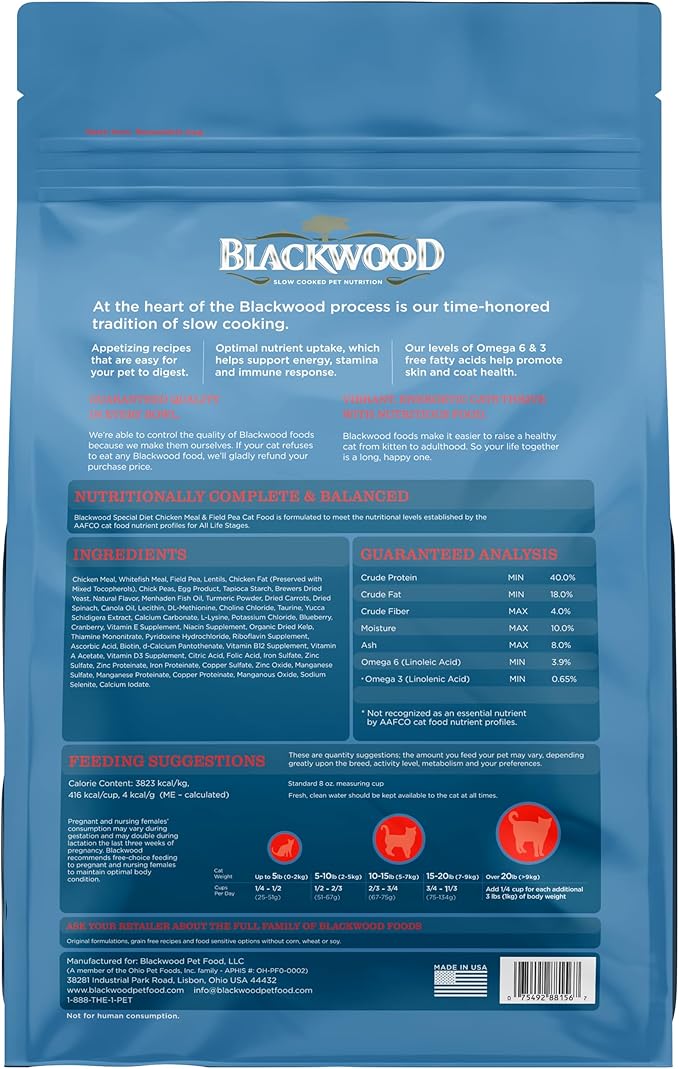 Blackwood Dry Cat Food, Special Diet Formula for Sensitivities, Chicken Meal & Field Pea Recipe, 13.2 Pound Bag, High Protein, Slow Cooked, Grain Free