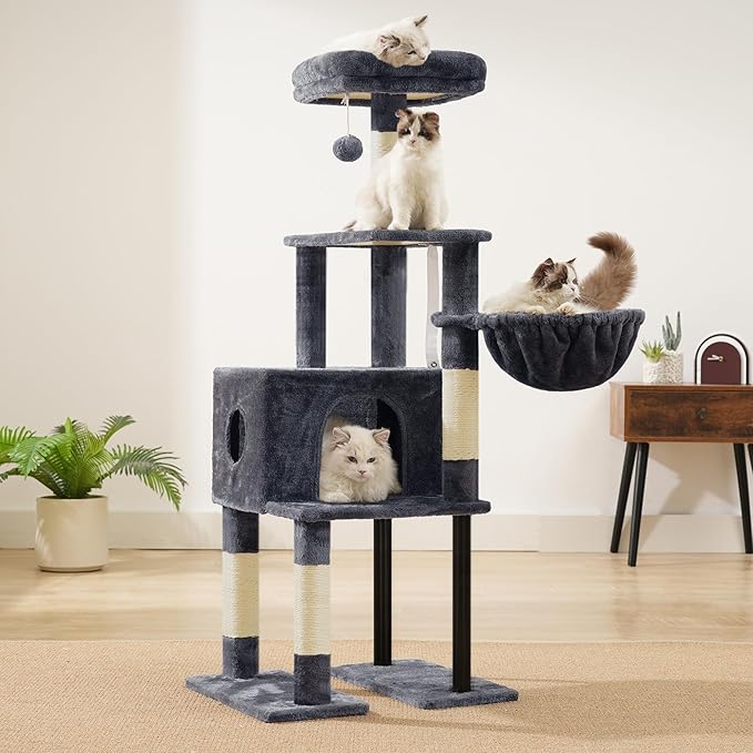 Heybly Cat Tree, 49.2 Inches Cat Tower for Indoor Cats, Spacious Cat House Condo with Hidden Space，Sturdy Steel Tube，Soft Plush Top Perch，Cozy Hammock and Sisal Scratching Posts, Smoky Gray HCT200SG