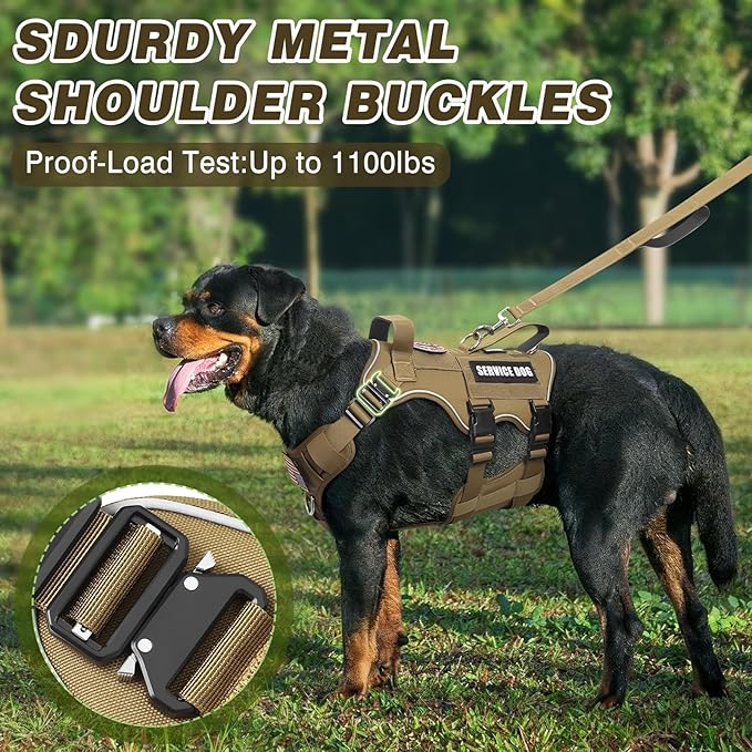 Tactical Service Dog Vest Harness and Leash Set,Heavy Duty Dog Harness with Metal Buckles for Large Dogs,Adjustable No Pull Pet Vest with 10 Patches,for Training Working,Brown L