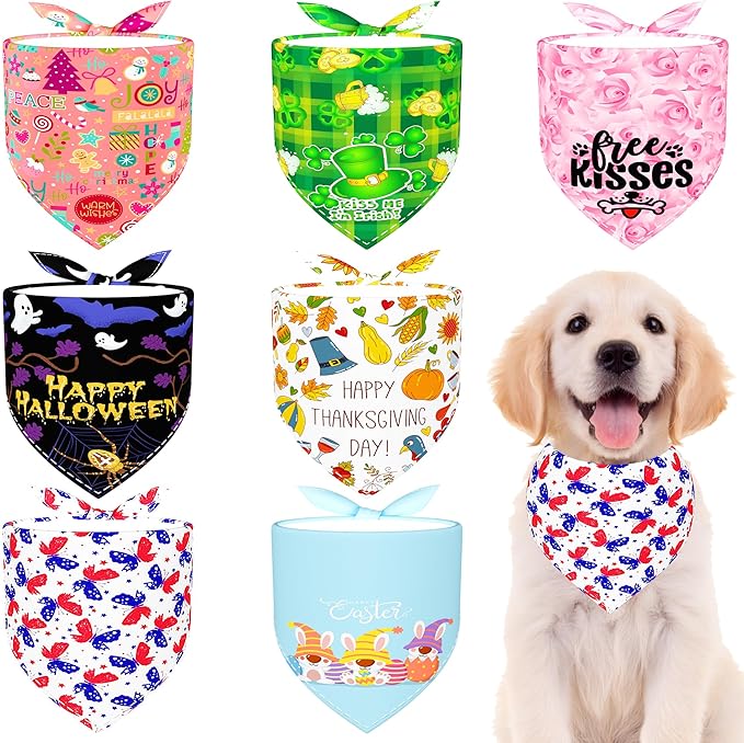 7 Pcs Holiday Dog Bandanas for Small Dogs Hemming Seam Edge Holiday Dogs Bandanas Medium Puppy Halloween Scarfs Large Cats Grooming M