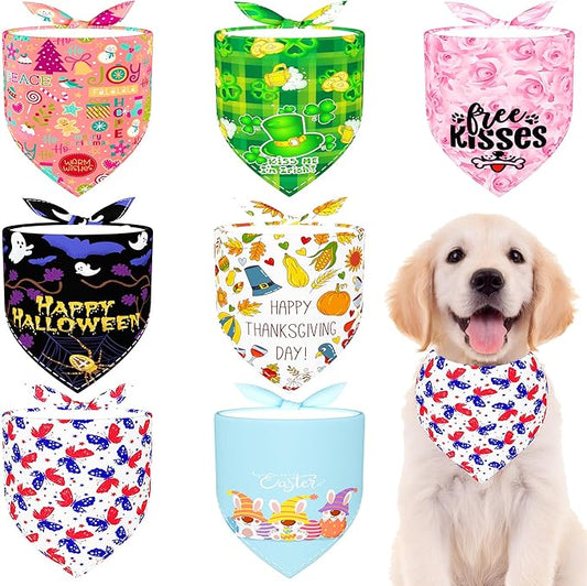 7 Pcs Holiday Dog Bandanas for Small Dogs Hemming Seam Edge Holiday Dogs Bandanas Medium Puppy Halloween Scarfs Large Cats Grooming M