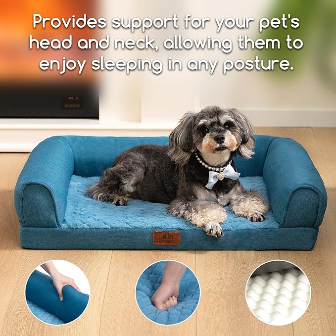 Hollypet Orthopedic Dog Bed for Medium Dogs, Supportive Foam Pet Couch with Removable Washable Cover and Non-Slip Bottom, Waterproof Lining Dog Sofa Bed, Blue, M (28 * 22.5 * 7.5)