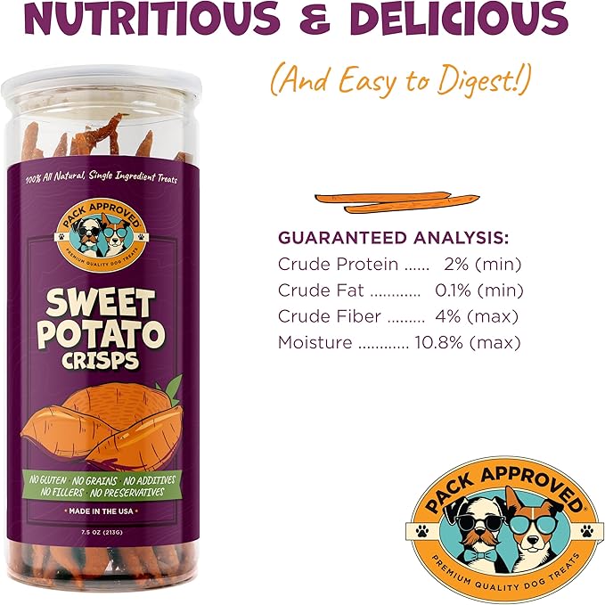 Sweet Potato Dog Treats Made in USA - Single Ingredient Dog Treat - Dehydrated Sweet Potato Fries, Perfect for Dogs of All Breeds and Sizes - 7.5 oz