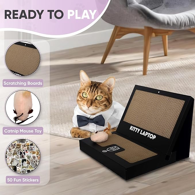 Toy Cat Laptop with 2 Scratchboards + Catnip Mouse Toy for Cats + 50pack Cat Sticker - Interactive Eco-Friendly Cat Computer with Scratch Pad Laptop for Cats - Mini Cat Laptop
