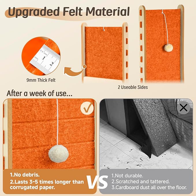 L Shaped Cat Scratcher with Ball Toy Felt Standing Cat Scratching Board for Indoor Cats Adults Vertical Scratch Pad Furniture Protector Kitten Toys 26.8 Inch-Orange