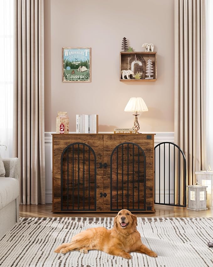 44.1" Wooden Dog Crate Furniture, Indoor Dog Kennel Dogs Cage for Small/Medium/Large Dogs, Heavy Duty Dog Crates Decorative Pet House End Side Table TV Stand, Rustic Brown DFC83901B